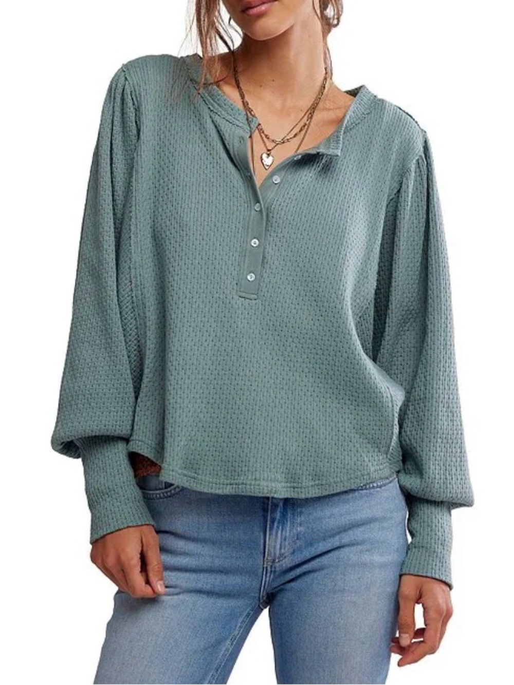 Free People We The Free Waffle Knit Henley Top Jade Ash Green NWT Size Small